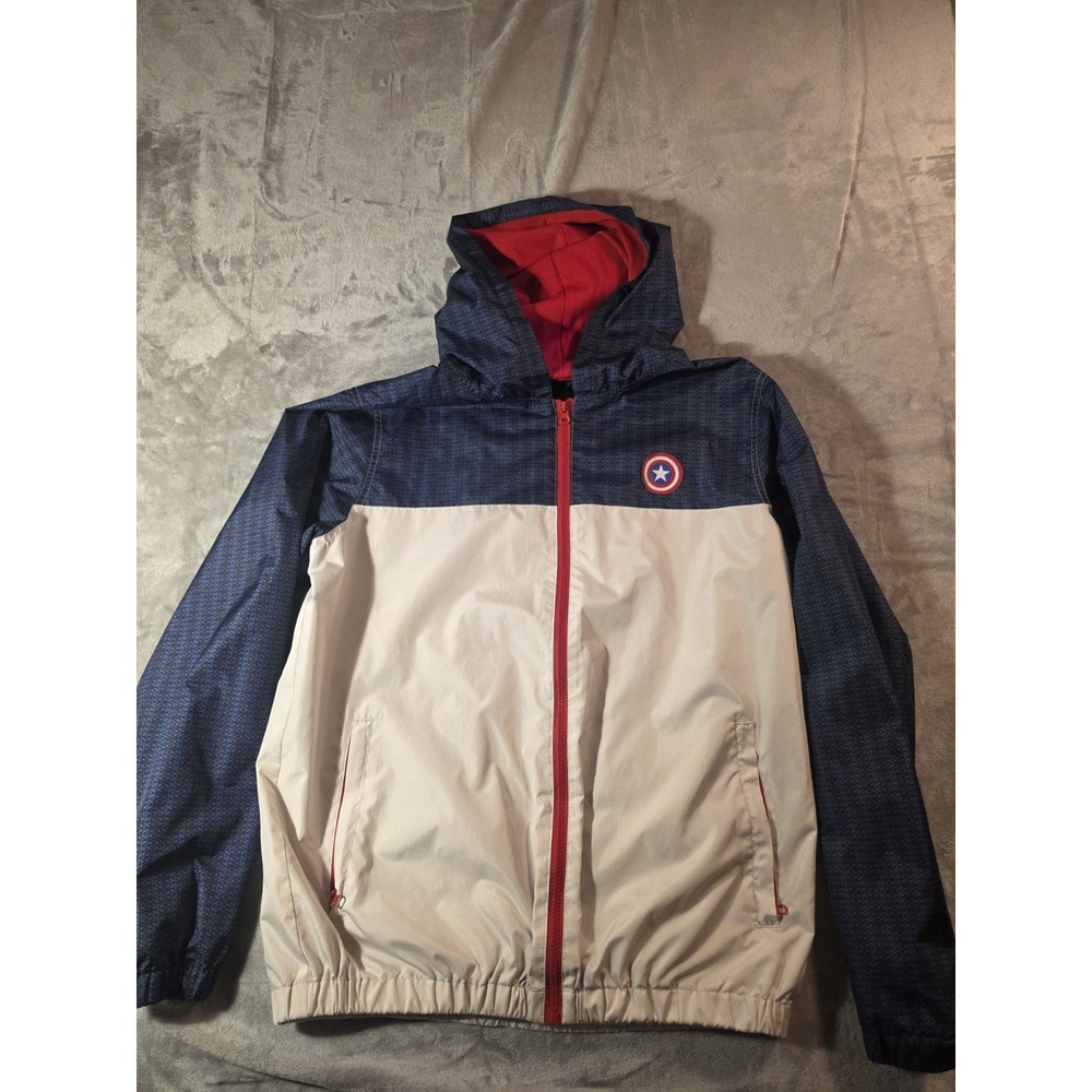 Marvel Captain America Youth Large Hooded Windbreaker Jacket Blue Red Full Zip